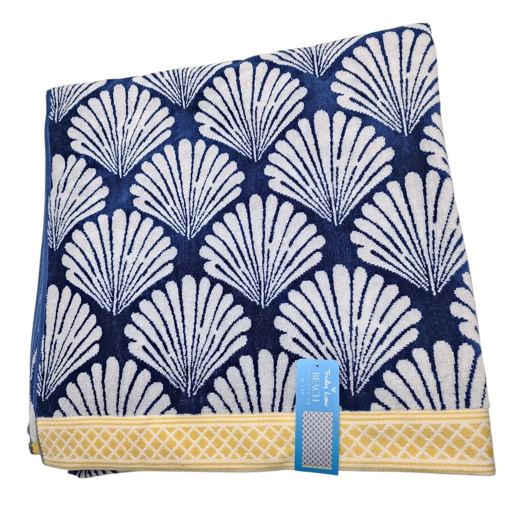 Truly Lou Beach Towel Shannon Shell Blue White Cotton 36x68 Pool Spa Absorbent